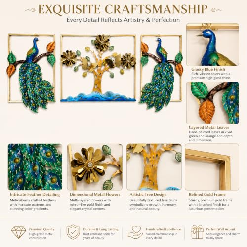 Image of SHREE 'O' GREEN TECH - Big Iron Peacock Wall Hanging with Tree of Life Floral Leaves Vibrant Feather Design Large Framed Artwork for Living Room Bedroom Office Hotel Decor (Set of 3)