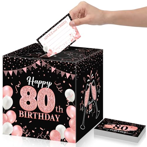 Image of Funrous 80th Birthday Party Message Card Box Cheers to 80 Years Black Rose Gold Advice and Wishes Greeting Card Memory Box for Women Birthday Decorations Party Supplies Anniversary Tables Sign Decor