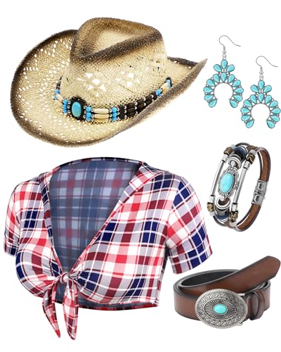 Hicarer 5 Pcs Cowgirl Costume Women Roleplay Set T Shirt Cowboy Hat Buckle Belt Pendant Earrings For Halloween cover
