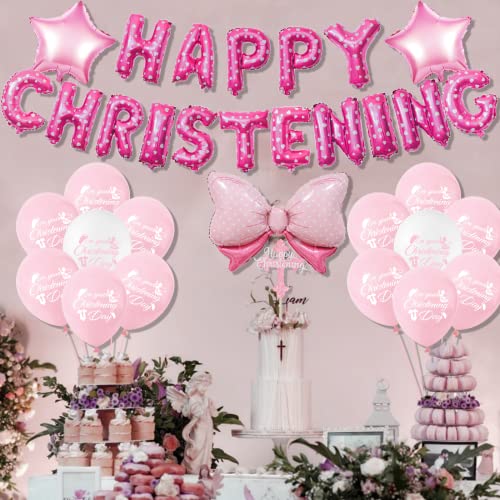 Sursurprise Christening Decorations Pink, Happy Christening Balloons Banner Cake Topper - Image 2