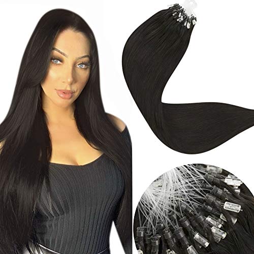 LaaVoo 20inch Micro Loop Hair Extensions Seamless Cold Fusion Full Head Solid Color Darkest Brown Human Hair Extensions Silicone Micro Beads Stick Tip Hair Extensions 50g/50s#2