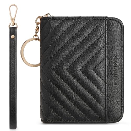 Image of BOSTANTEN Credit Card Holder Wallet RFID Blocking Leather Small Wallet for Women Zipper Keychain Wallet with Wristlet Black