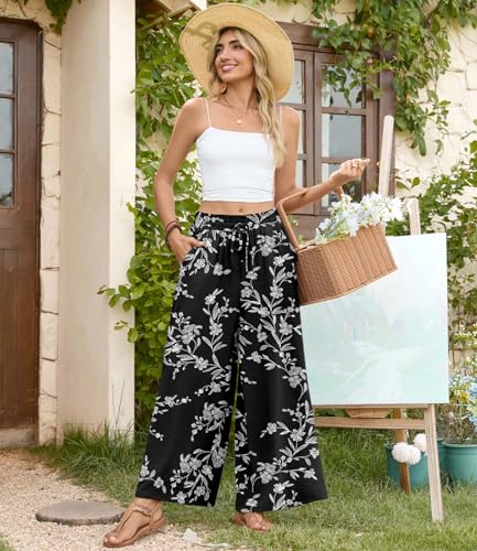 Bestbee Plus Size Wide-Leg Palazzo Pants (Black–White Flower) — view 3