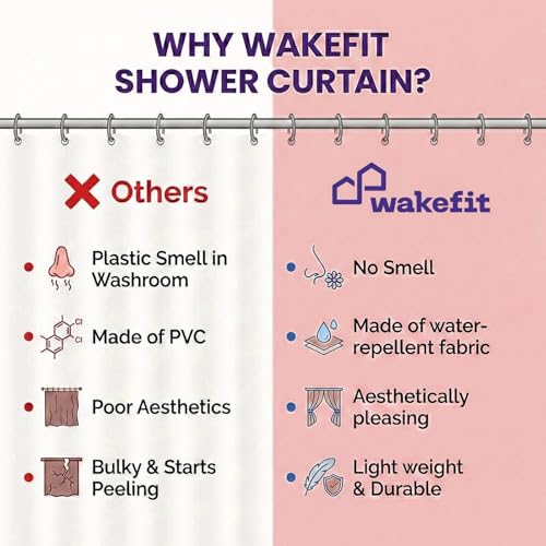 Image of Wakefit Shower Curtain 8 Feet | 14 Free Hooks | No Plastic Smell | Waterproof Bathroom Curtain | Curtain for Balcony | Machine Washable Fabric | Grey | Height 8ft & Width 6ft | Very Premium