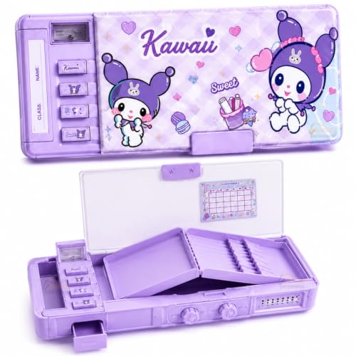 Image of Kawaii Password Lock Compass Box for Girls, Multifunction Pencil Box with Sharpener, Calendar, Timetable Card, Storage Drawer & Pen Holder, Cute Purple Stationery Case