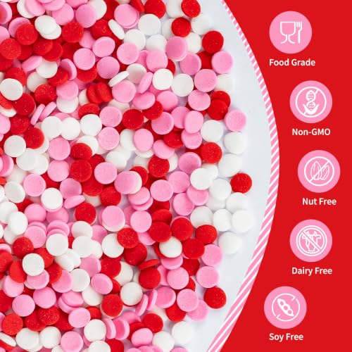 Image of Edible Pink Red White Round Confetti Mix Sprinkles for Cake Decorating | 130g,Cake Cupcake Cookie Decorating,Cupcake Topper,Wedding,Anniversary,Birthday,Baby Shower,DIY Baking Party Dessert Supplies