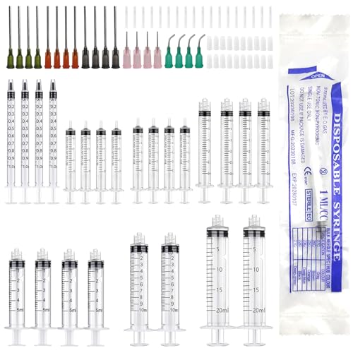 20 Piezas Juego de Jeringas,1ml 2ml 3ml 5ml 10ml 20ml Jeringuillas con Agujas de Punta,Jeringas de Plástico,Aplicadores de Aceite o Pegamento para Medir y Dispensar Líquidos, Tintas