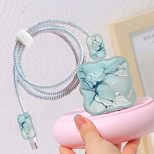 Image of Iphone Protective Case Cover for 18W 20W iPhone 16 15 14 13 12 11 Pro Max Fast Charging Cable Adapter Charger, Cute Lightning Data Cable Case for iPhone Charger,(GREEN MARBLE)