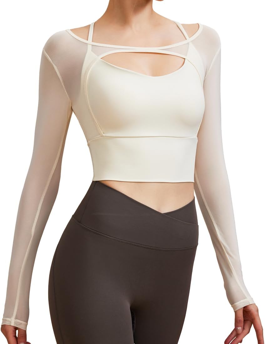 Harssidanzar Long Sleeve Yoga Shirts for Women Mesh Gym Athletic Tops Workout Shirts with Sports Bra CL304US - Image 2