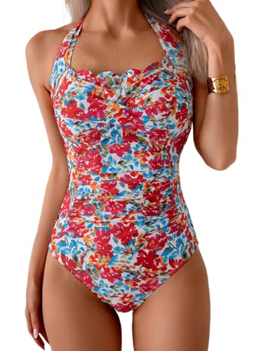 Image of Eomenie Women One Piece Tummy Control Swimsuit Halter Scallop Trim Bathing Suits 1 Piece Vintage Ruched Slimming Swimwear