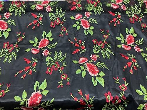 Valentina Textile Inc Lightweight mesh lace Fabric Features Embroidered on mesh with red Flowers and Green Leafs VT-13 (1 Yard, Multicolor)