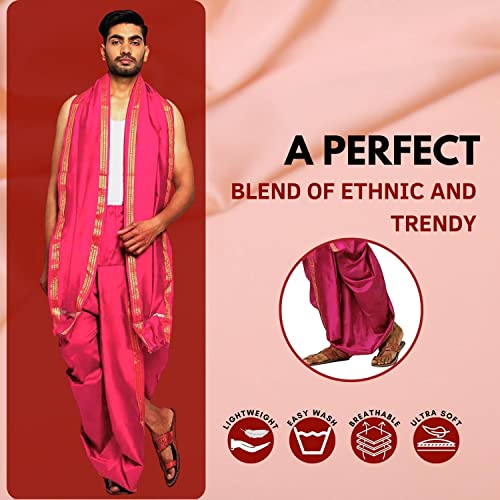 Image of Rameshwaram Fabrics Readymade Dhoti for Men, Velcro Style Stitched Mens Silk Dhoti Pant with Stole Set
