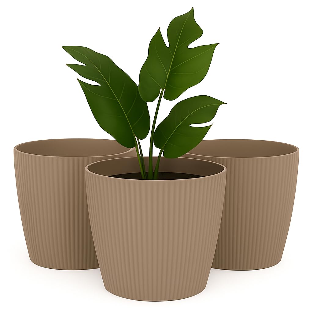 Home Garden Ornaments Taupe Small Plant Pots Indoor – Indoor Plant Pot For Home And Garden, Decorative Striped Set Of 3 Flower Pots (Diameter 15.5Cm, )