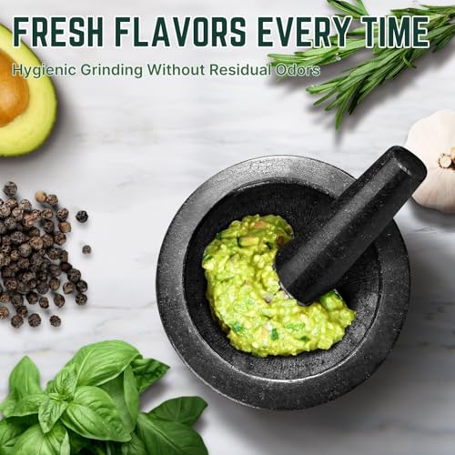 Flexzion Conjunto de pilão e pilão de granito – suporte de tigela de moedor de pedra de mármore sóli