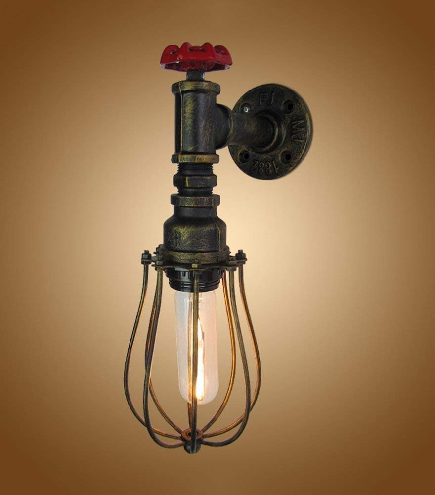 con válvula Lámpara de Jaula de Bronce Pantalla Fuentes de luz Edison Tubería de Agua Vintage rústica Aplique de Pared de Larga duración Steampunk Retro Lámpara de Pared para Sala de Estar Pasillo