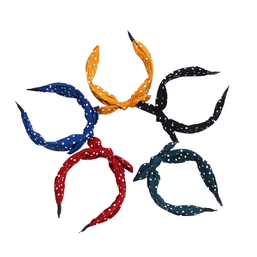 Lurrose Bunny Ears Headband 5Pcs Hair Bows Headband Polka Dot Hair Hoops Bowknot Headband Wide- Hairbands Vintage Hair Band for Women Girls Makeup Headbands