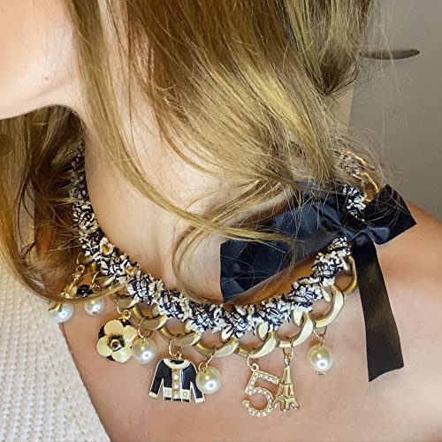 Designer Inspired Statement Pearl Chain Necklace with Black Bow and Eiffel Tower Charms for Women – Gold Chunky Choker Vintage Style Jewelry Gift3
