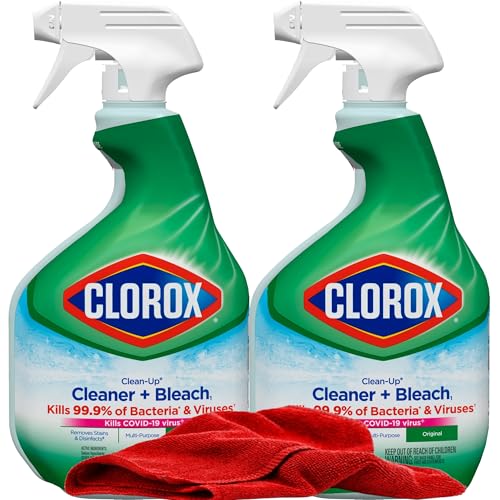 Clorox Clean-Up Cleaner Bleach Spray, 2 Pack, All Purpose Bleach Spray Trigger, Disinfects Kitchen,Bathroom,Tiles,Original Scent, Mold & Mildew Cleaner, 32 oz. Each plus red Microfiber Cleaning Cloth
