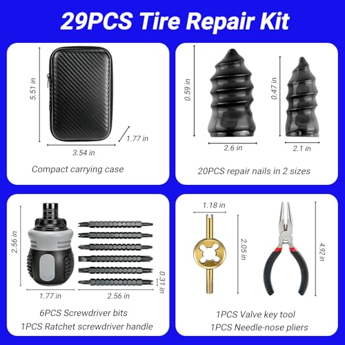 Image of 29PCS Tire Repair Rubber Nail Kit, Premium Spiral Screw-in Tire Plugs with 2 Sizes, Tire Repair Kit Emergency Roadside Flat Tire Fix Tool for Car Truck Motorcycle Tractor ATV SUV