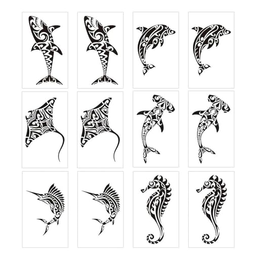 Vesavifaka Tatouages Temporaires, 12 Pièces Faux Tatouages pour Hommes Adultes, Raie Maori, Requin, Baleine, Hippopotame, Designs Tribaux Polynésiens et...