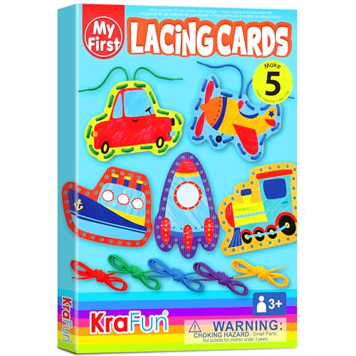 KRAFUN My First Lacing Cards Kit for Toddlers & Kids Age 3+, 5 Transport Vehicle Arts & Crafts...