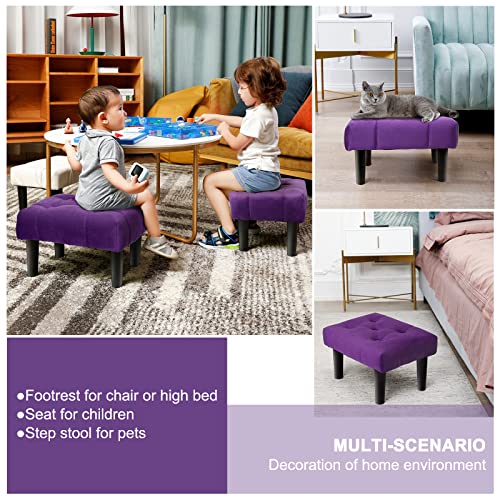 Image of HOUCHICS Small Footstool Ottoman, Velvet Wooden Foot Stool Ottoman with Wood Legs, Sofa Footrest Extra Seating for Living Room Entryway Office(Purple 2PACK)