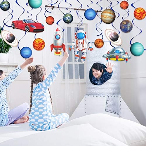 Outer Space Party Decoration Hanging Swirls, Blue Solar System Planet Party UFO Rocket Astronaut Sign Foil Swirls Ceiling Decoration for Kids Boys Space Birthday Party Decorations Supplies, 30 Pieces