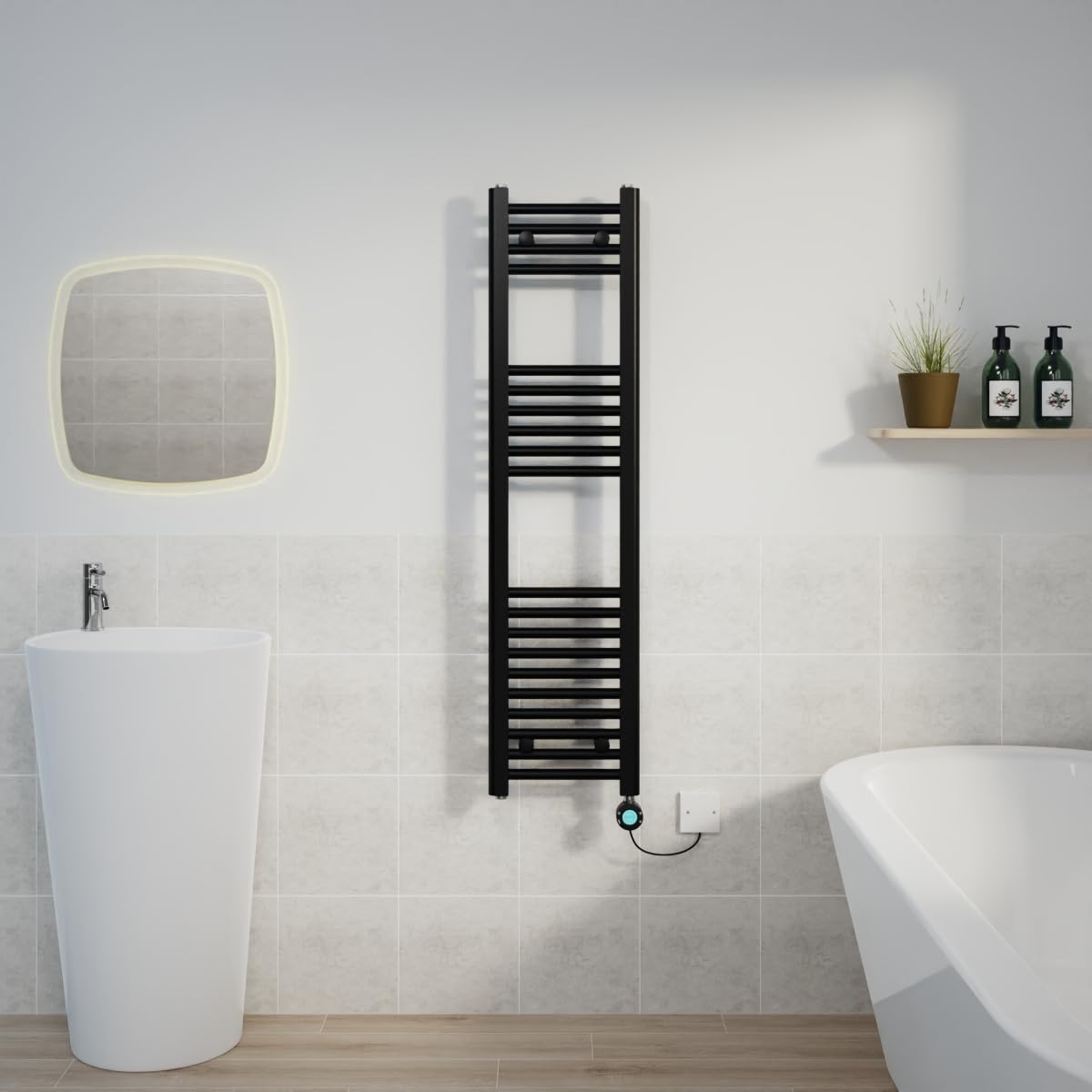 Warmehaus Black Electric Heated Towel Rail Straight Thermostatic Bathroom Towel Radiator With Timer - 1200X300mm 600W
