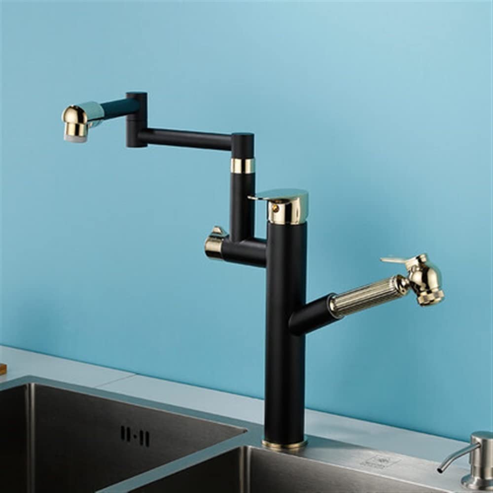 BHFPFZA Black Gold Kitchen Chandelier Faucet PullOut Single Handle 360° Rotating Solid Brass Mixer Tap for Hot & Cold Water Modern Sink Faucet Upgrade