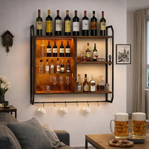 YOURLITE Weinregal Wand,Bar Regal Wand Metall,Wandmontage Beflammt Holz