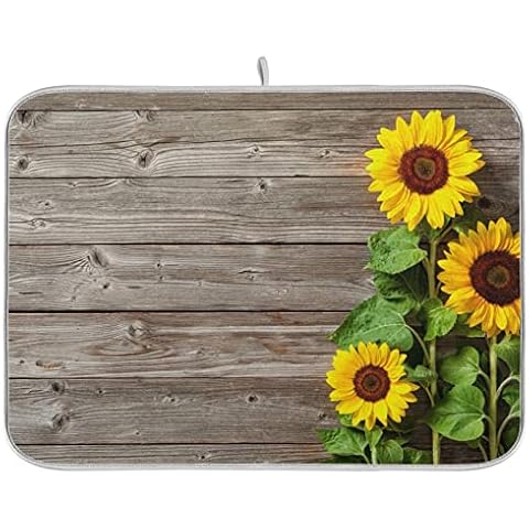 Vintage Dish Drying Mat for Kitchen Counter,Beautiful Yellow Sunflower on Brown Wooden Board Microfiber Absorbent Dish Drainer/Rack Pads Heat Resistant Drying Mat Kichen Sink Accessories 16"x18" Cover