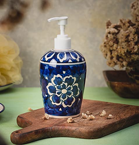 Image of HS HINDUSTANI SAUDAGAR Royal Blue Flower Ceramic Liquid soap Dispenser 500ml Handmade Hand wash Bottle for Bathroom Kitchen Sink wash Basin Shampoo Lotion Dispenser Ideal for Decor Daily use & Gift.