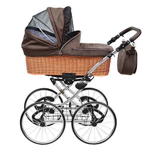 SKYLINE Klassisch Retro Stil Wicker LUX Kombi-Kinderwagen Buggy 3in1 Reise System Autositz (Isofix) (Chocolate Brown/17 "Räder)