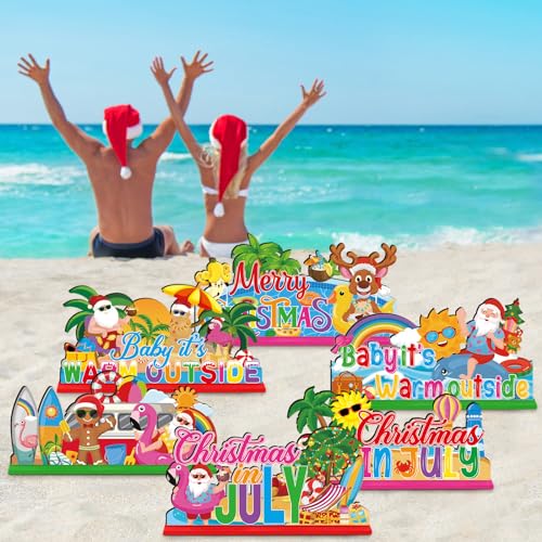 Image of Suzile 6 Pcs Christmas in July Table Decorations, Summer Christmas Table Centerpieces, Tropical Santa Tiered Tray Decor, Flamingo Surfboard Beach Santa Decor for Home Kitchen Party Hawaiian Ornaments
