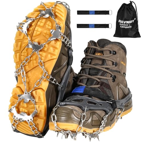 HAVNIDY Steigeisen,Eiskrallen für Schuhe und Stiefel,Schneekrallen mit 19 Edelstahl Spikes für Winterwanderungen, Angeln und Spaziergänge (L)