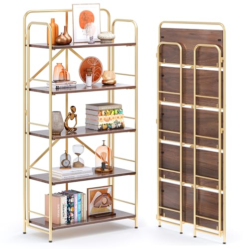 Image of 4NM No Assembly Folding Bookshelf, 5 Tiers Collapsible Book Shelves Open Industrial Foldable Storage Bookcase Shelf for Bedroom, Living Room, Home Office - Brown and Gold