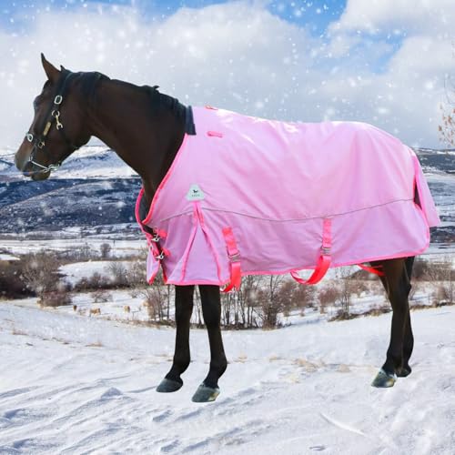 Image of Turnout Blanket for Horses, Waterproof Thickened Horse Sheet with Detachable Neck Cover,1600D Nylon Outer, 400g Heavy Weight Filling (Pink, US 78IN(EU 145cm))