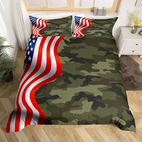 Camouflage Bedding Set,American Flag Duvet Cover for Kids Teen Boys Girls,Green Camo Comforter Cover Decorative Room,Stars Stripes Quilt Cover with 2 Pillowcases,King Size(No Comforter)
