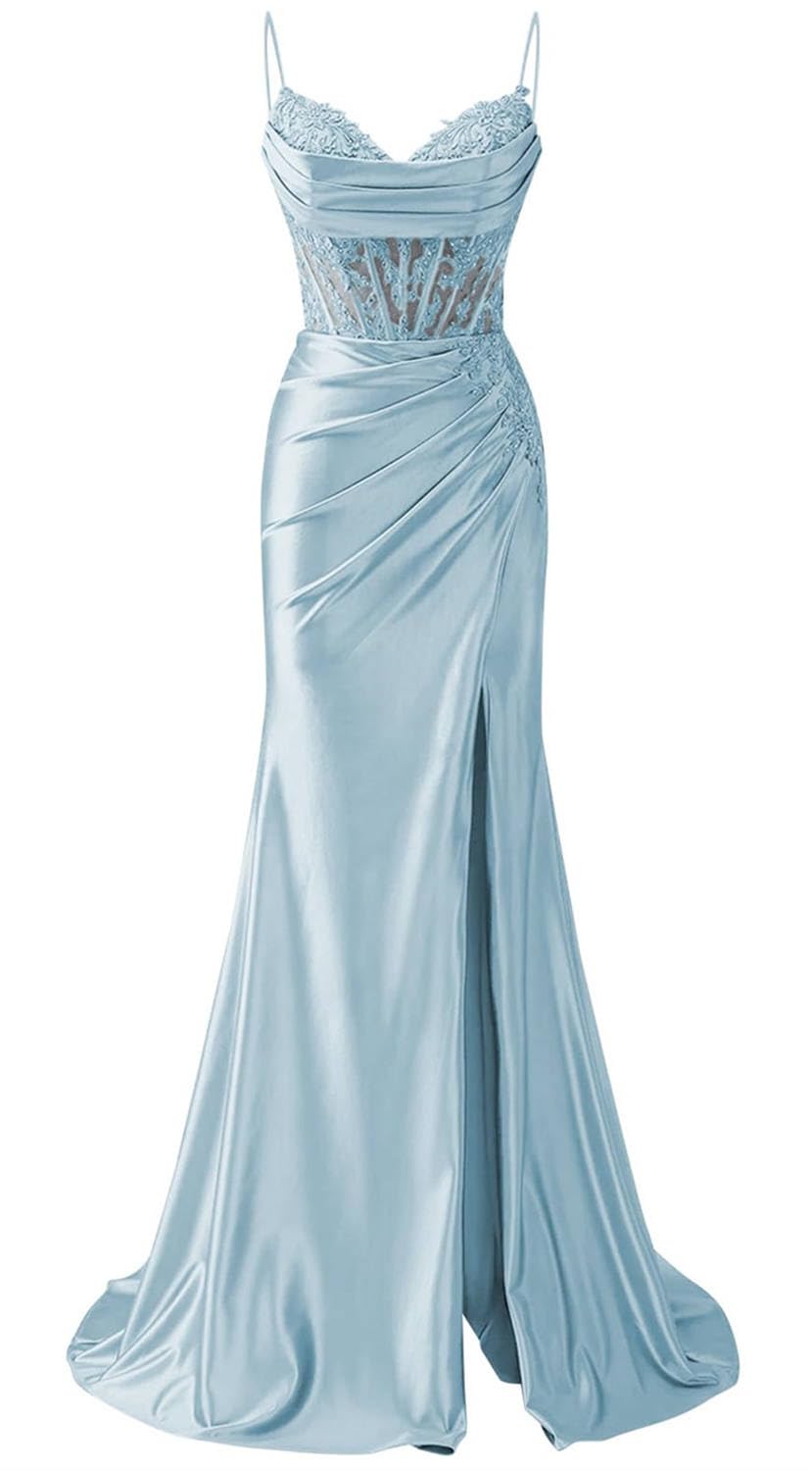 KIYNE Mermaid Satin Prom Dresses for Teens with Slit Lace Applique Spaghetti Strap Ball Gown Light Blue Graduation Party Evening Dress UK10