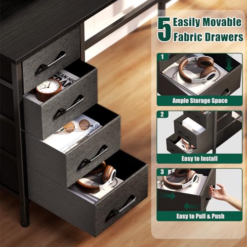 47 Inch Computer Gaming Desk with Power Outlets & LED Lights Reversible Home Office Desk with Adjustable 5 Fabric Storage Drawers for Working Writing Study Black - Image 6