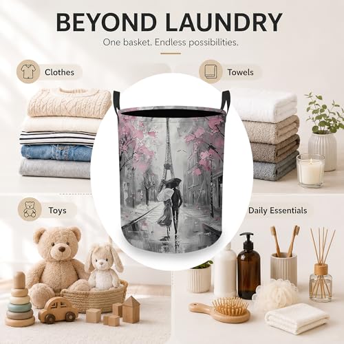 Image of Laundry Hamper, Eiffel Tower Collapsible Paris Street Laundry Baskets Waterproof Oxford Cloth With Handles, Clothes Storage Bucket For Room /Bathroom /Bedroom /Dormitories 16 inch x 20.8 inch