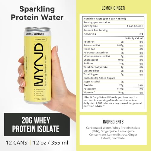 Image of MYND Sparkling Protein Water, Clear Protein Drink - 20g Whey Protein Isolate Per Can, 12 Pack - Lactose Free, Gluten Free, No Added Sugar - Ready-to-Drink Carbonated Protein Drinks - Lemon Ginger