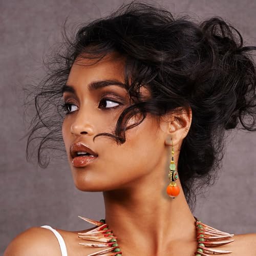 Tibetan Dangle Earrings for Women, Handmade Vintage Statement Exotic Lightweight Brass Fish-hook Natural Colored Crystal Stone Drop Earrings with Jewelry Box3