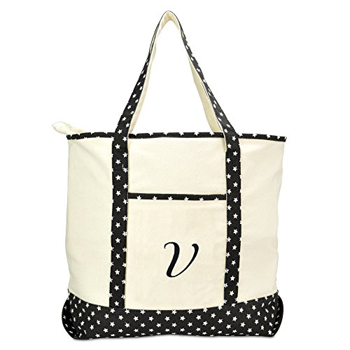 DALIX Personalized Shopping Tote Bag Monogram Black Star Initial Zippered Letter A-Z2