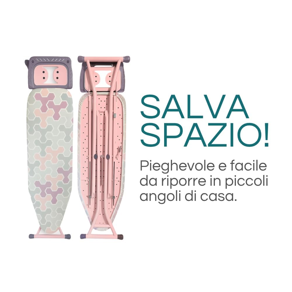 Paluplus Asse da Stiro Pieghevole, Misura 137X37 cm, Altezza Regolabile in diverse Posizioni, Tavola da Stiro Salvaspazio con copriasse e Poggia Ferro da Stiro -648F (Lilla e Rosa)