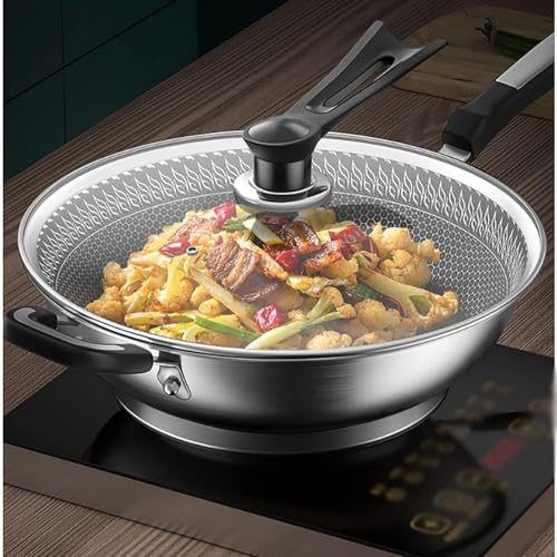 Wok Pan de acero inoxidable con tapa de vidrio templado 32cm miniatura 6