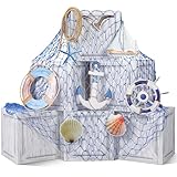 JellyArch 16 Pcs Nautical Party Decorations Imitation Wooden Box Fishing Net Car Trunk or Treat Decor Ocean or Pirate Party Favors Adventure Birthday Photo Booth Props(Blue)