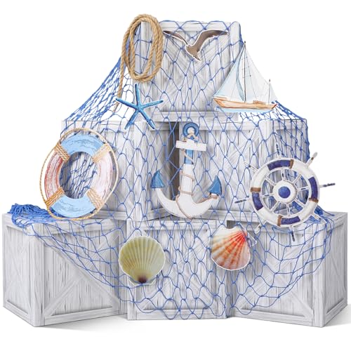 JellyArch 16 Pcs Nautical Party Decorations Imitation Wooden Box Fishing Net Car Trunk or Treat Decor Ocean or Pirate Party Favors Adventure Birthday Photo Booth Props(Blue)