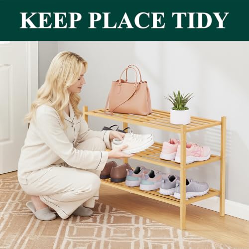 Image of Smiry Bamboo Shoe Rack, 5 Horizontal Slats, 3 Tier - 26.8 inch Wide, Natural