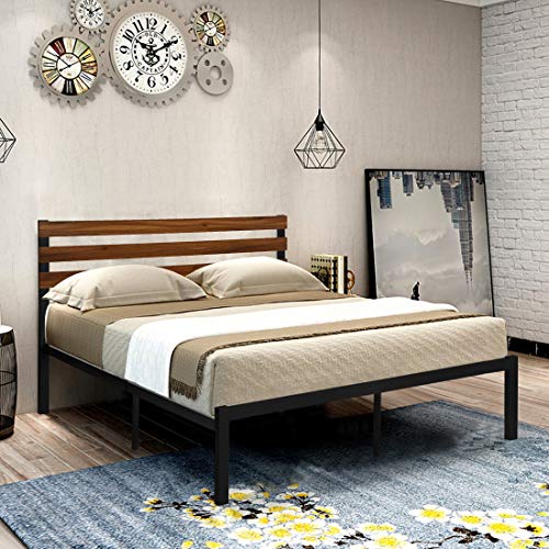 GreenForest Queen Bed Frame Metal Studio Platform Bed with Wood Slat Support Wooden Headboard No Box Spring Needed and Noise-Free